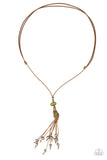 Infused with silver beaded tassels, shiny brown cording knots around glassy green beads at the bottom of a lengthened brown cord for a whimsical look. Features an adjustable sliding knot closure.  Sold as one individual necklace.