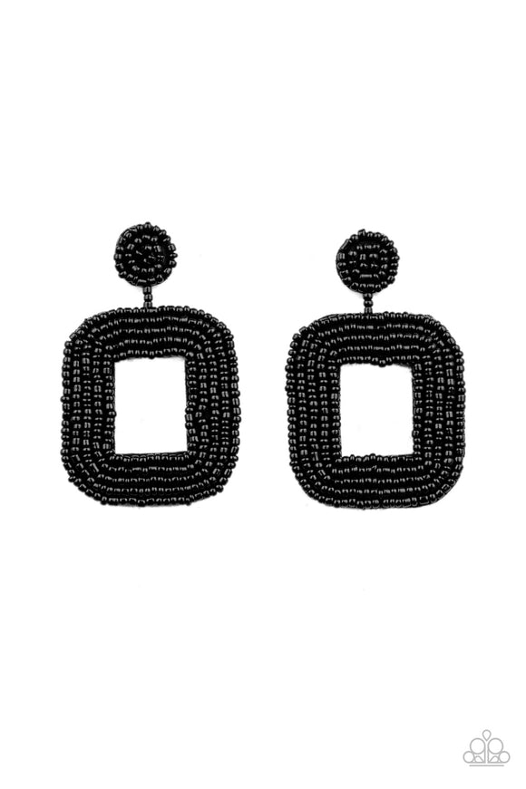 Shiny rows of dainty black seed beads adorn the front of a rounded square frame at the bottom of a matching beaded fitting, creating a blissfully beaded look. Earring attaches to a standard post fitting.  Sold as one pair of post earrings.