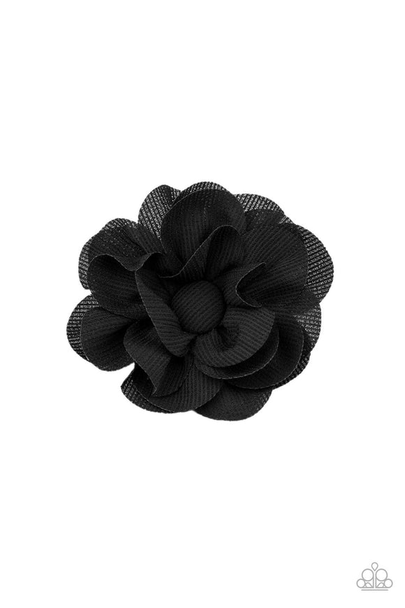 Black textured chiffon petals delicately gather around a matching button-top center, layering into a whimsical blossom. Features a standard hair clip on the back.  Sold as one individual hair clip.