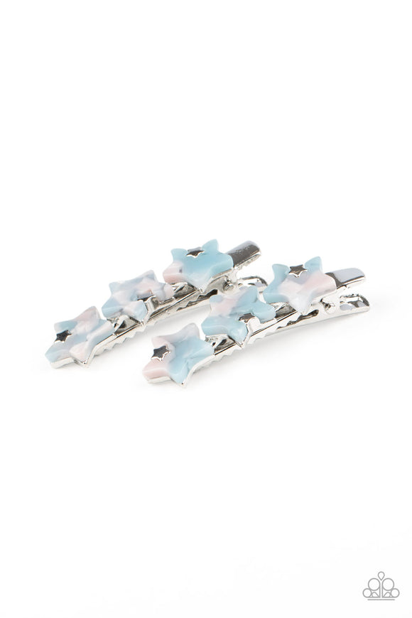 Dotted with dainty silver star charms, trios of blue and pink acrylic stars coalesce into a pair of colorful frames. Features standard hair clips on the back.  Sold as one pair of hair clips.