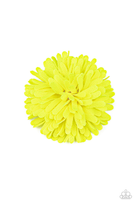 Textured neon yellow petals layer into a bouncy blossom for a vibrant fashion. Features a standard hair clip on the back.  Sold as one individual hair clip.