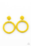 A sunny collection of dainty yellow seed beads are woven around a circular frame at the bottom of a matching beaded fitting, creating a colorful hoop. Earring attaches to a standard post fitting.  Sold as one pair of post earrings.