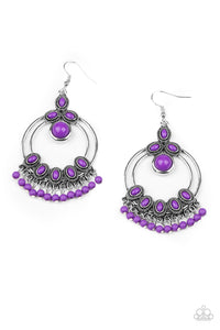 Embellished with vivacious Magenta Purple beaded accents, two shimmery silver hoops join into an airy frame as a dainty beaded fringe dances along the bottom. Earring attaches to a standard fishhook fitting.  Sold as one pair of earrings.