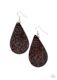 Embossed in a leafy palm-like pattern, an earthy brown leather teardrop swings from the ear for a whimsical look. Earring attaches to a standard fishhook fitting.  Sold as one pair of earrings.