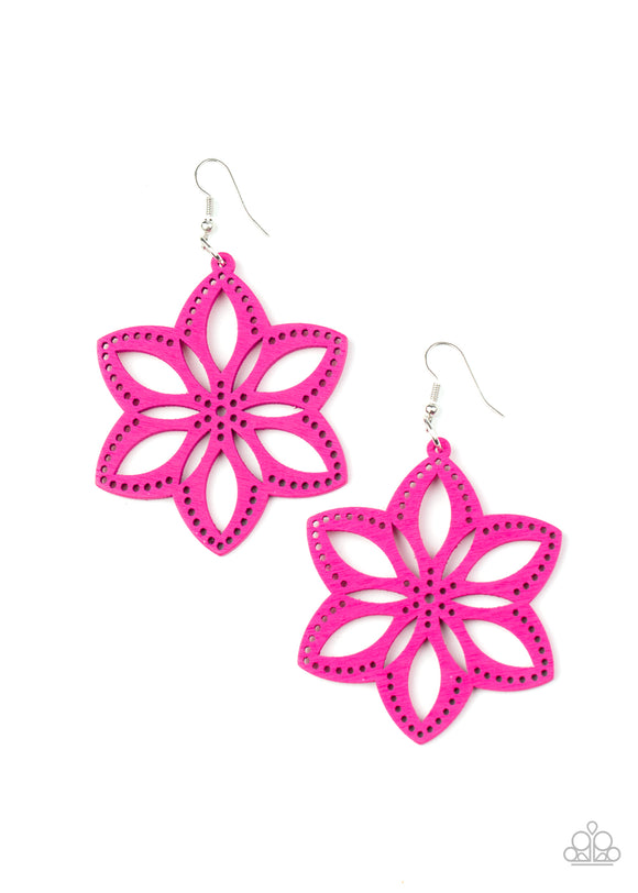 Brushed in a vivacious Pink Peacock finish, an airy wooden frame is cut into a stenciled flower for a summer inspired fashion. Earring attaches to a standard fishhook fitting.  Sold as one pair of earrings.