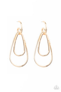 A squiggly gold bar curls around the tops of two teardrop gold frames, creating an abstract hoop. Earring attaches to a standard post fitting. Hoop measures approximately 3/4" in diameter.