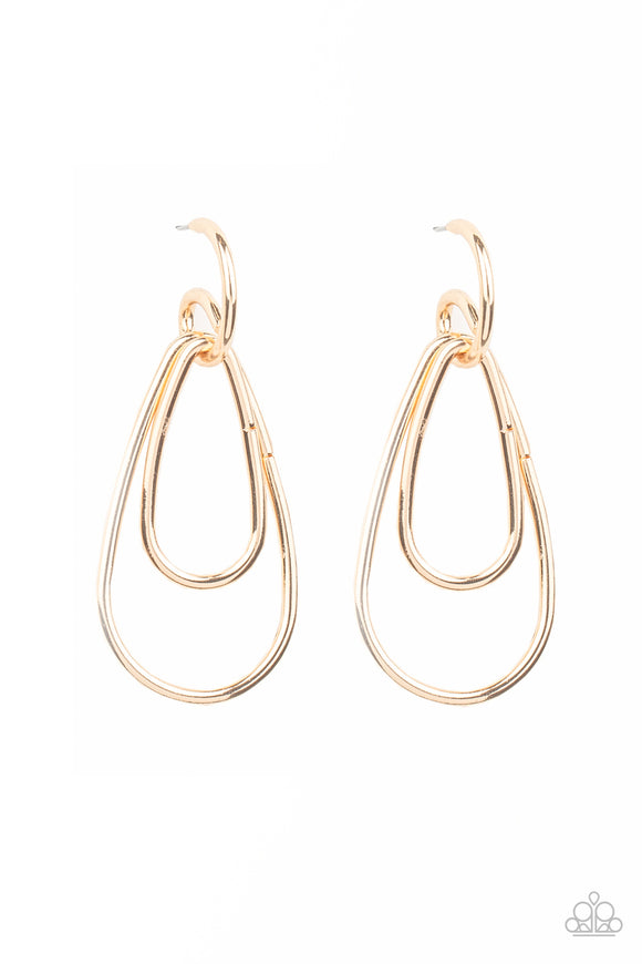 A squiggly gold bar curls around the tops of two teardrop gold frames, creating an abstract hoop. Earring attaches to a standard post fitting. Hoop measures approximately 3/4