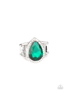 An oversized green teardrop gem is nestled inside a silver teardrop frame encrusted in dainty white rhinestones. Rippling with radiance, the sparkly centerpiece sits atop two dainty white rhinestone encrusted bands for a glamorous finish. Features a stretchy band for a flexible fit.  Sold as one individual ring.