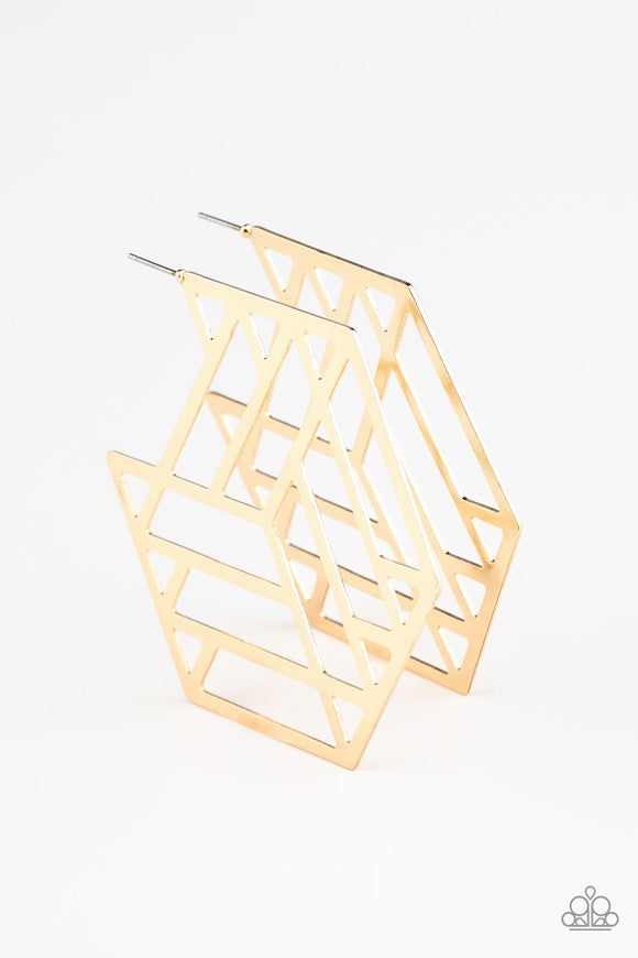 Flat gold bars connect into an edgy hexagonal frame, creating a chic geometric hoop. Earring attaches to a standard post fitting. Hoop measures approximately 2 3/4