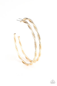 Featuring diamond-cut shimmer, two glistening gold wires delicately twist into an oversized hoop for an edgy look. Earring attaches to a standard post fitting. Hoop measures approximately 2 3/4" in diameter.  Sold as one pair of hoop earrings.