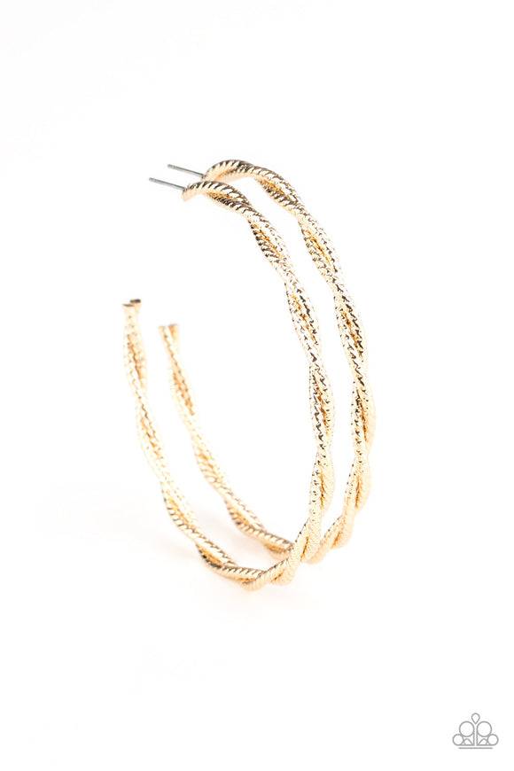 Featuring diamond-cut shimmer, two glistening gold wires delicately twist into an oversized hoop for an edgy look. Earring attaches to a standard post fitting. Hoop measures approximately 2 3/4