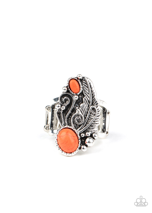 Two oval orange stones are juxtaposed against a whimsical silver feather backdrop, creating a unique centerpiece atop the finger. Features a stretchy band for a flexible fit.  Sold as one individual ring.