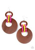 Pink and yellow wooden beaded links connect together a brown wooden ring and an oversized brown wooden crescent-like hoop, creating a vivaciously earthy lure. Earring attaches to a standard fishhook fitting.  Sold as one pair of earrings.