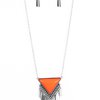 A triangular Amberglow bead is pressed into the top of a studded silver frame at the bottom of a classic silver chain. Flared silver bars swing from the bottom of the colorful pendant, creating a bold fringe. Features an adjustable clasp closure.  Sold as one individual necklace. Includes one pair of matching earrings.