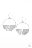 Embossed in radiant linear textures, a crescent silver frame is nestled along the bottom of a textured silver hoop for an edgy look. Earring attaches to a standard fishhook fitting.  Sold as one pair of earrings.