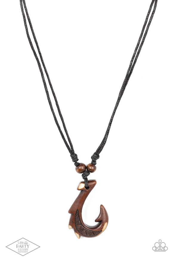Hanging from the bottom of a double strand of black twine is an urban hook design. Finished in an uneven brown stain, the trendy hook design is complemented with two wooden bead knotted in black twine. Sliding knot closure allows for an adjustable fit.  Sold as one individual necklace. 
