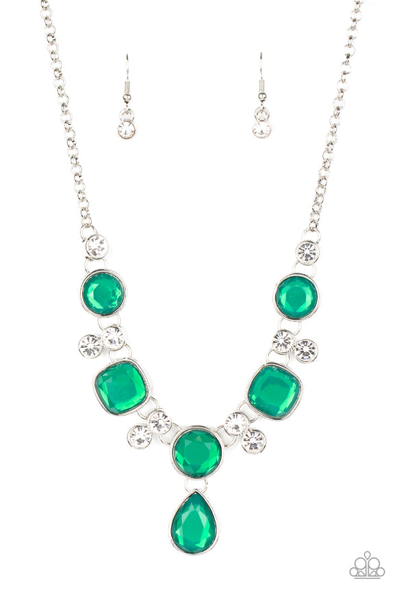 Pairs of glittery white rhinestones, join a sparkly collection of round, square, and dewy teardrop green rhinestones below the collar for a timeless look. Features an adjustable clasp closure.  Sold as one individual necklace. Includes one pair of matching earrings.