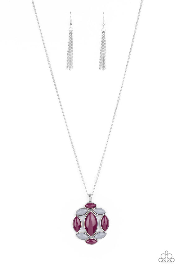 Featuring almond-like shapes, a cluster of polished Magenta Purple and Sleet beads delicately gather into a colorfully whimsical pendant at the bottom of a lengthened silver chain. Features an adjustable clasp closure.  Sold as one individual necklace. Includes one pair of matching earrings.