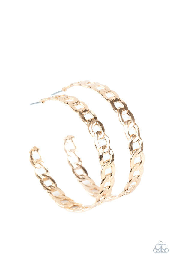 Glistening gold chain links delicately interconnect into an edgy hoop for a game-changing look. Earring attaches to a standard post fitting. Hoop measures approximately 2 1/4