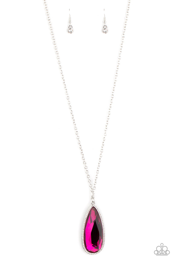 Bordered in a white rhinestone encrusted frame, an oversized Pink Peacock teardrop swings from the bottom of a lengthened silver chain, creating a regal pendant. Features an adjustable clasp closure.  Sold as one individual necklace. Includes one pair of matching earrings.