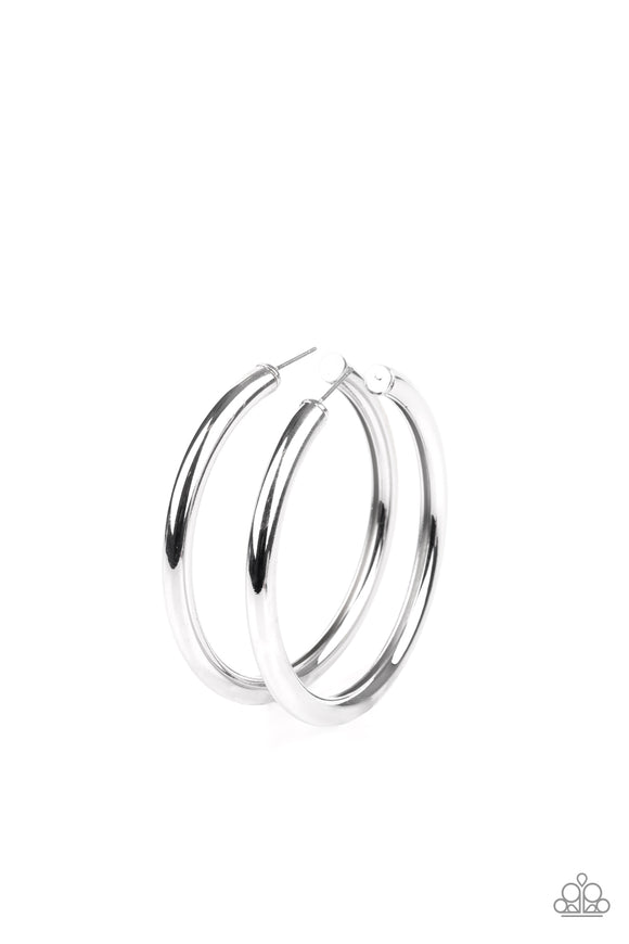 A thick silver bar delicately curls into a glistening oversized hoop for a retro look. Earring attaches to a standard post fitting. Hoop measures approximately 2 1/4