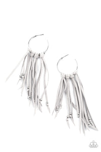 Embellished with dainty silver beads, strands of gray suede knot along the bottom of a dainty silver hoop, creating an earthy fringe. Earring attaches to a standard post fitting. Hoop measures approximately 1" in diameter.  Sold as one pair of hoop earrings.