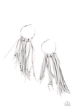 Embellished with dainty silver beads, strands of gray suede knot along the bottom of a dainty silver hoop, creating an earthy fringe. Earring attaches to a standard post fitting. Hoop measures approximately 1" in diameter.  Sold as one pair of hoop earrings.