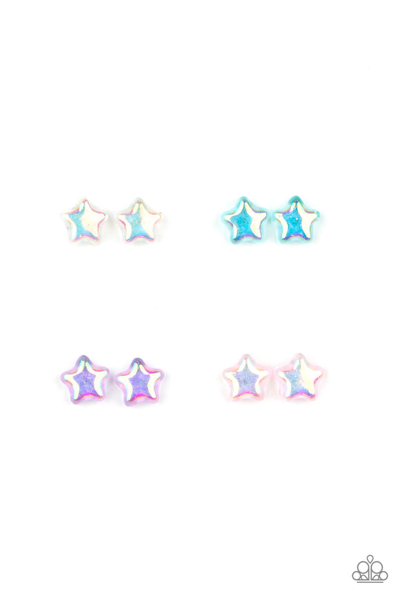 Five pairs of earrings in assorted colors and shapes. Featuring iridescent finishes, the colorful star frames vary in shades of purple, blue, pink, and multicolored. Earrings attach to standard post fittings.