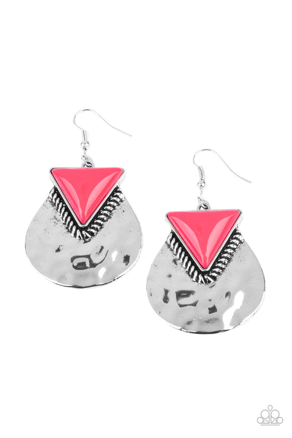 A neon pink triangular bead is pressed into the top of a hammered silver lure, creating a colorfully rustic frame. Earring attaches to a standard fishhook fitting.  Sold as one pair of earrings.