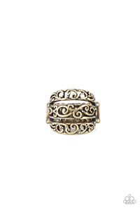 Brushed in an antiqued finish, three rows of frilly brass filigree layer across the finger for a seasonally stacked look. Features a stretchy band for a flexible fit.  Sold as one individual ring.