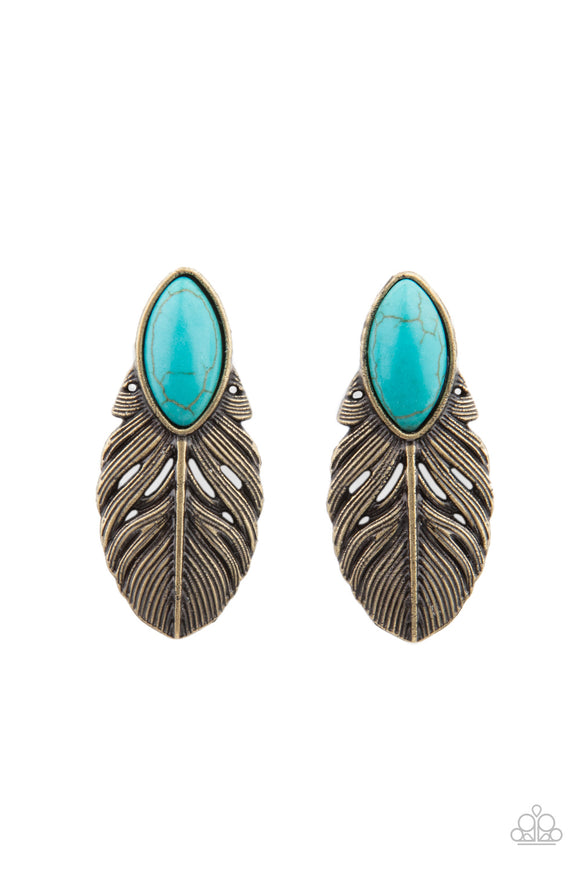 Chiseled into a tranquil marquise, a refreshing turquoise stone is pressed into the top of an antiqued brass frame for a seasonal look. Earring attaches to a standard post fitting.  Sold as one pair of double-sided post earrings.