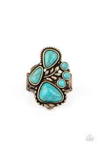 Featuring round and teardrop shapes, a refreshing collection of turquoise stones gather around a leafy brass accent, creating a whimsical center atop the finger. Features a stretchy band for a flexible fit.  Sold as one individual ring.