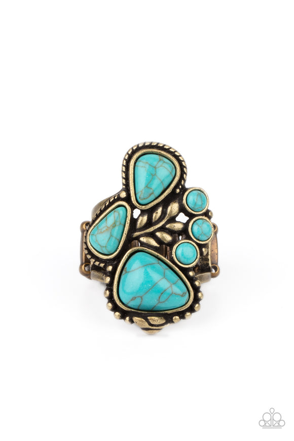 Featuring round and teardrop shapes, a refreshing collection of turquoise stones gather around a leafy brass accent, creating a whimsical center atop the finger. Features a stretchy band for a flexible fit.  Sold as one individual ring.