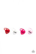 Five rings in assorted colors. Stamped in the word, "love," the flirty Valentine's day inspired rings vary in shades of dark pink, light pink, red, and white. Sold in a Set of 5.