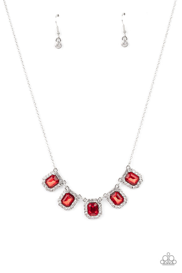 Bordered in glassy white rhinestones, fiery red emerald style rhinestone encrusted frames gorgeously link below the collar for a timeless fashion. Features an adjustable clasp closure.  Sold as one individual necklace. Includes one pair of matching earrings.