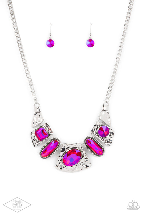 Featuring a stellar UV shimmer, mismatched iridescent Raspberry Sorbet gems adorn the front of hammered silver plates that abstractly connect below the collar for an out-of-this-world sparkle. Features an adjustable clasp closure.  Sold as one individual necklace. Includes one pair of matching earrings.