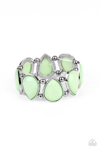 Separated by pairs of classic silver beads, faceted Green Ash teardrop frames alternate right side up and upside down along a stretchy band around the wrist for a flirty pop of color.  Sold as one individual bracelet.