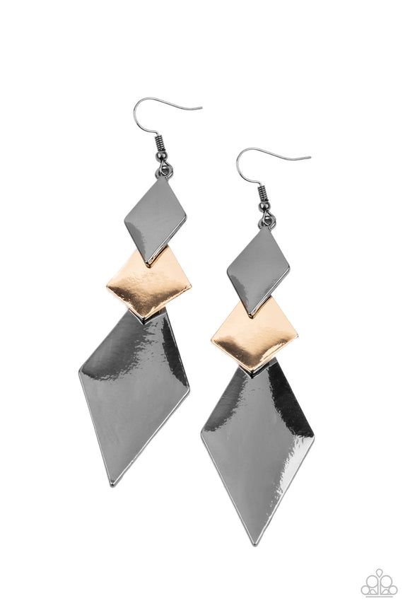 A trio of shiny mismatched gunmetal and gold kite-shaped frames overlap into a sharp-looking lure. Earring attaches to a standard fishhook fitting.  Sold as one pair of earrings.