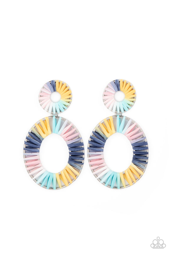 Tie dyed wicker-like accents wrap around an oversized silver oval and dainty circular frame, linking into a colorful lure. Earring attaches to a standard post fitting.  Sold as one pair of post earrings.
