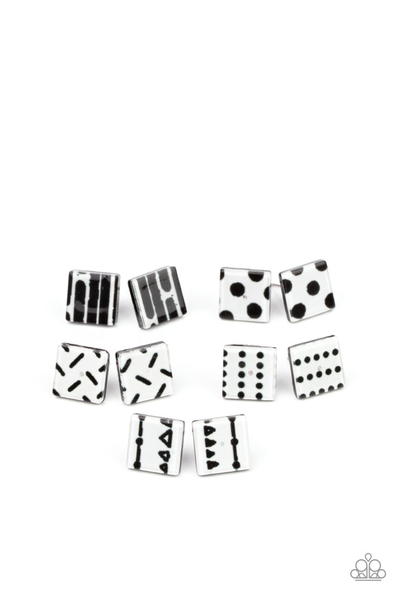 Five pairs of earrings in assorted colors and shapes. The square frames vary in abstract black and white patterns. Earrings attach to standard post fittings.