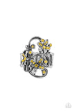 Dotted with dainty yellow rhinestone centers, antiqued silver floral frames bloom across a studded backdrop for a sparkly seasonal look. Features a stretchy band for a flexible fit.  Sold as one individual ring.