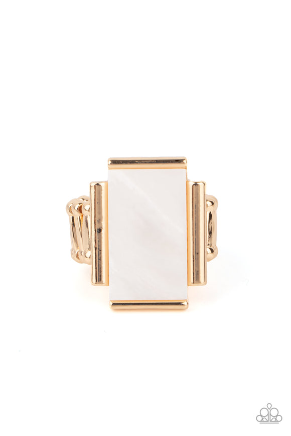 Featuring an iridescent shimmer, a white shell-like rectangle is nestled between gold bar-like fittings atop the finger for a mystical look. Features a stretchy band for a flexible fit.  Sold as one individual ring.