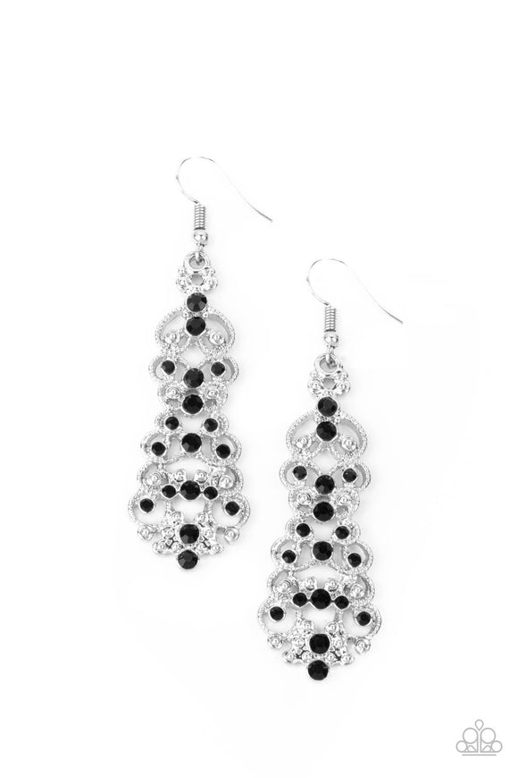 Sporadically dotted in glassy black rhinestones, studded silver filigree delicately whirls into a stacked lure for an elegant display. Earring attaches to a standard fishhook fitting.  Sold as one pair of earrings.