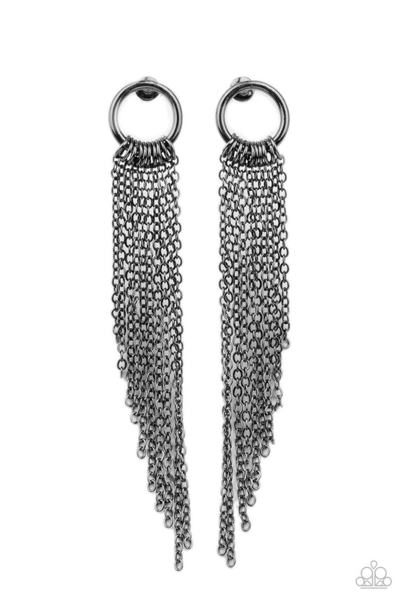 Tapered gunmetal chains cascade from the bottom of a dainty gunmetal hoop, creating an angled fringe. Earring attaches to a standard post fitting.  Sold as one pair of post earrings.