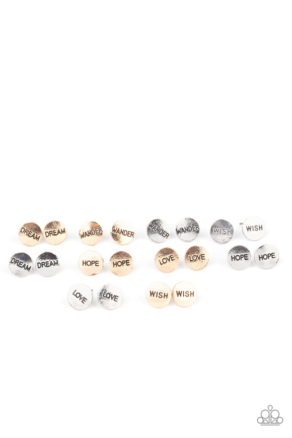 Five pairs of earrings in assorted colors and shapes. The gold and silver frames are stamped in inspirational words, 
