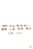 Five pairs of earrings in assorted colors and shapes. The gold and silver frames are stamped in inspirational words, "Dream," "Wander," "Wish," "Hope," and "Love." Earrings attach to standard post fittings.
