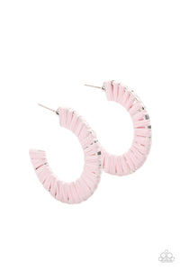 Pink wicker-like cording wraps around a thick silver hoop, creating a flirty pop of color. Earring attaches to a standard post fitting. Hoop measures approximately 1 1/2" in diameter.  Sold as one pair of hoop earrings.