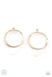 An asymmetrical piece of clear acrylic overlaps a glistening gold hoop, creating a bold display. Earring attaches to a standard post fitting.  Sold as one pair of post earrings.