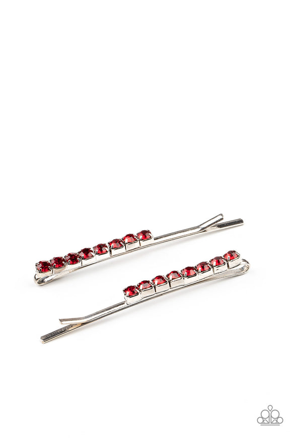 Sparkly rows of fiery red rhinestones embellish the fronts of two silver bobby pins, creating a glamorous duo.  Sold as one pair of decorative bobby pins.