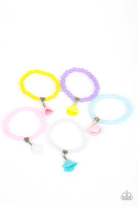 Five bracelets in assorted colors and shapes. Featuring colorful satin rosebuds, the dainty stretchy bracelets vary in opaque shades of yellow, purple, pink, white and blue.